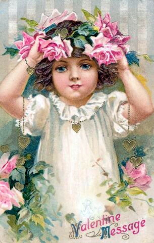 Victorian Valentine Message Girl with Pink Rose Crown