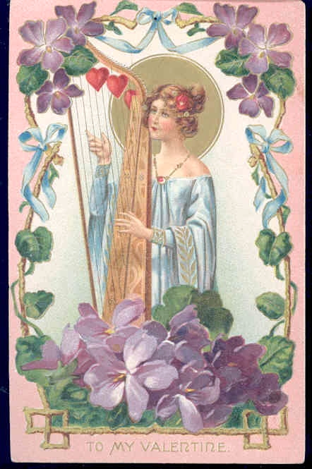 Vintage Valentine's Day Card with Angel Harp, Purple Flowers