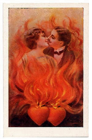 Victorian Couple Kissing in Flames Valentine Card