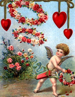 Victorian Cupid Valentine Card with Red Heart Garlands