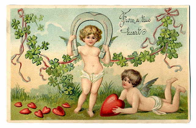 Victorian Cherub Valentine: Cupids with Horseshoe & Clover