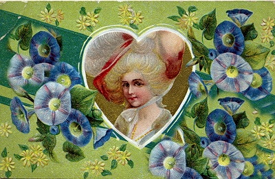 Victorian Valentine Card with Blue Morning Glories & Heart Portrait