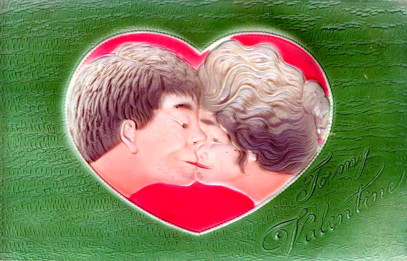 Vintage Valentine's Day Kiss Greeting Card - Green Heart Design