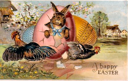 Victorian Easter Greeting Card with Anthropomorphic Cat & Eggs