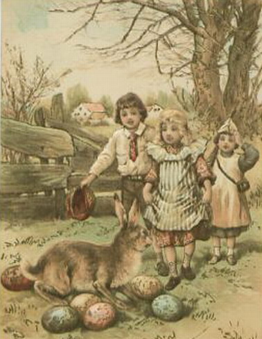 Victorian Easter Greeting Card Children Eggs Rabbit Spring