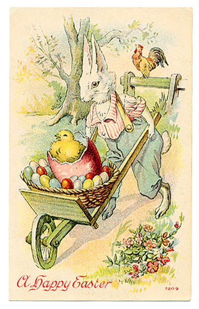 Vintage Easter Greeting Card: Anthropomorphic Rabbit with Wheelbarrow