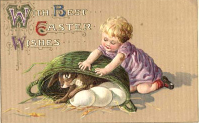 Victorian Easter Greeting Card with Child and Rabbit
