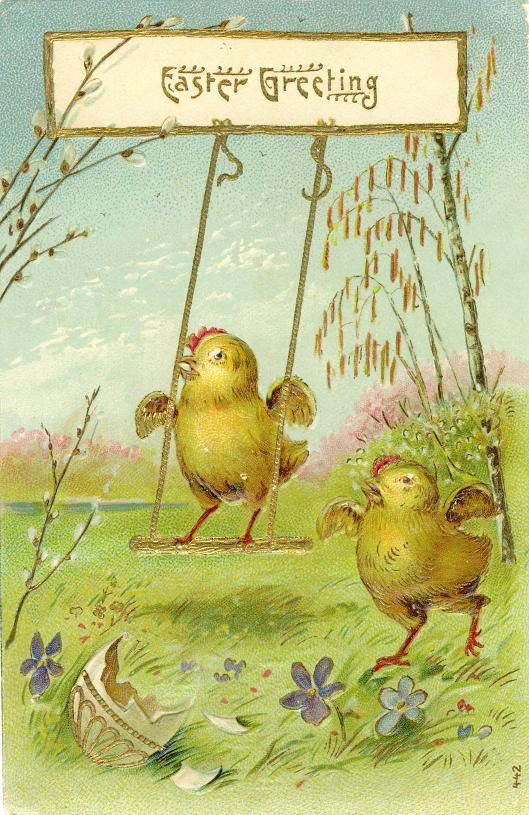 Vintage Easter Greeting Card with Chicks on Swing, Early 1900s