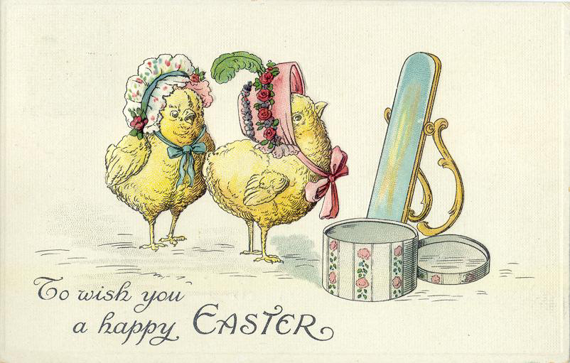 Vintage Easter Greeting Card with Anthropomorphic Chicks & Mirror