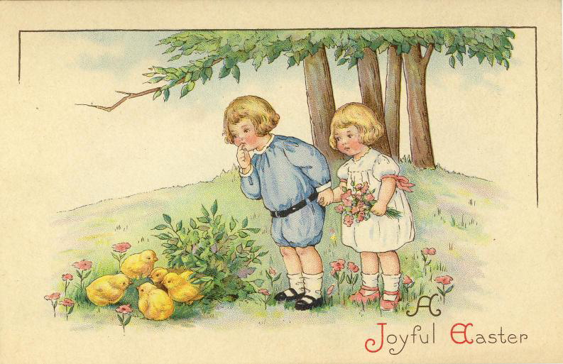 Victorian Easter Greeting Card with Children & Spring Flowers