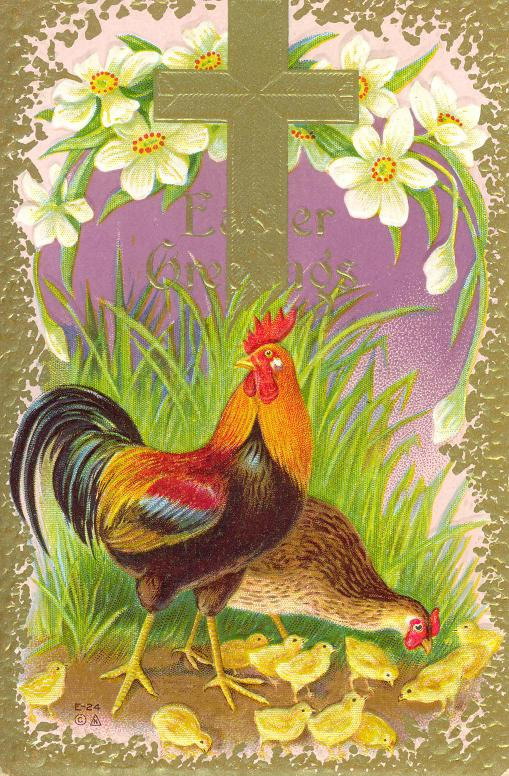 Victorian Easter Greeting Card with Rooster, Chicks & Daisies