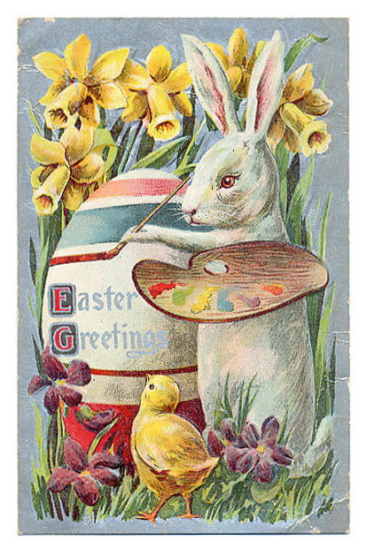 Victorian Easter Greeting Card with Rabbit Artist and Daffodils
