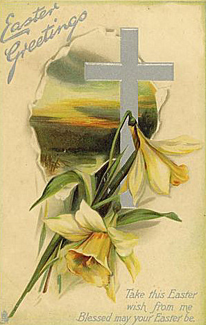 Victorian Easter Greetings Card with Cross & Yellow Lilies