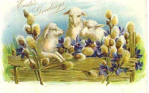Victorian Easter Greeting Card with Lambs and Blue Spring Flowers