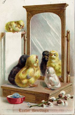 Victorian Easter Greeting Card with Chicks and Mirror