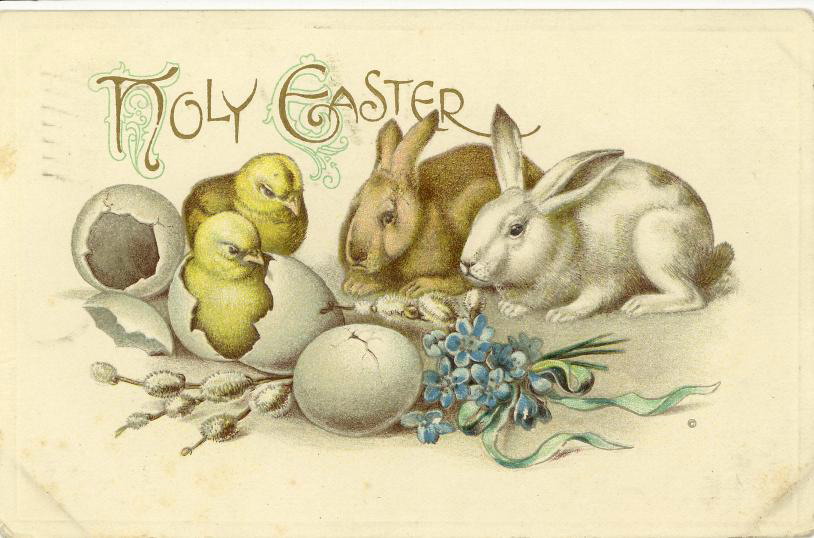 Vintage Victorian Easter Greeting Card with Rabbits & Chicks