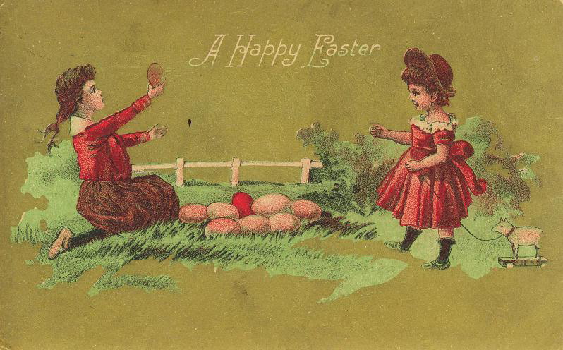 Victorian Easter Greeting Card with Children and Eggs