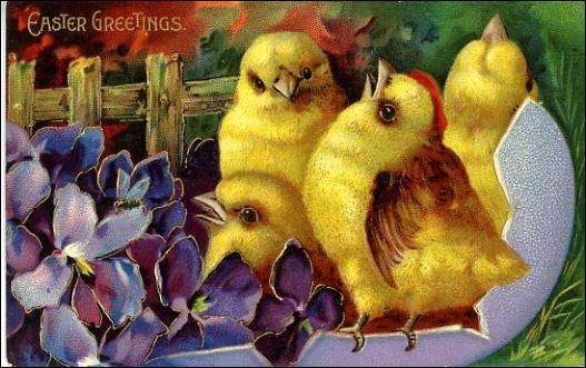 Victorian Easter Greetings Card with Yellow Chicks and Purple Violets