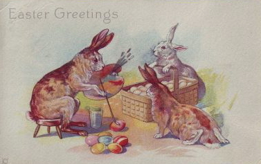 Vintage Easter Greeting Card with Anthropomorphic Rabbits