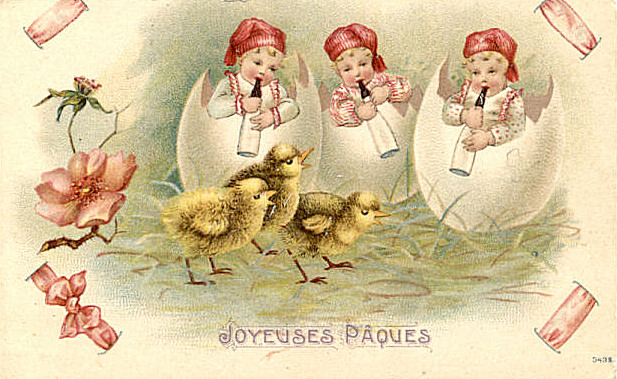Vintage French Easter Greeting Card with Children Hatching from Eggs & Chicks