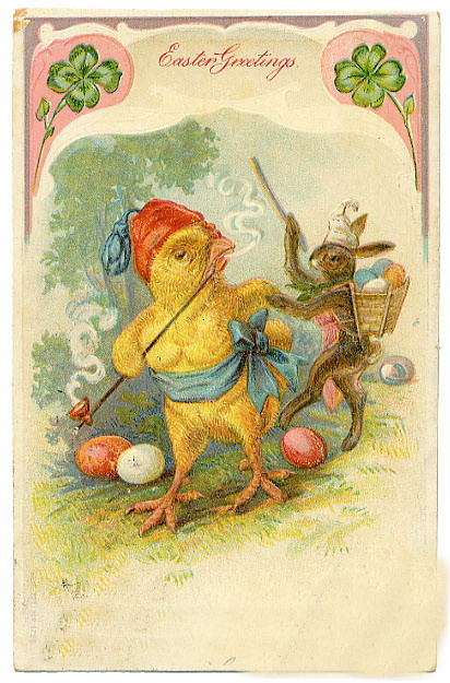 Victorian Easter Greetings Chick & Rabbit Anthropomorphic Vintage Card