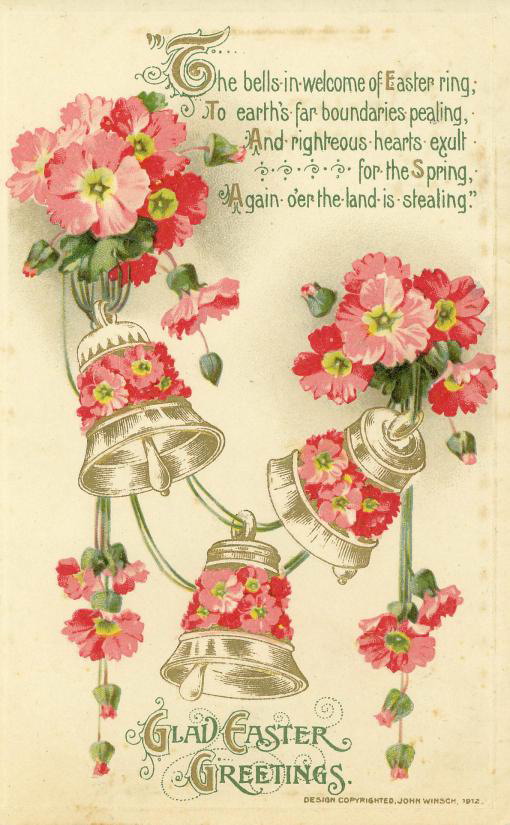 Victorian Easter Greeting Card with Pink Flowers and Bells