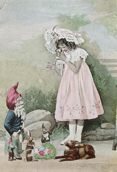 Victorian Garden Gnomes Girl Pink Dress Vintage Greeting Card