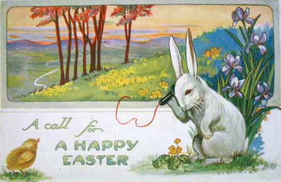 Vintage Easter Greeting Card White Rabbit Flowers Spring Landscape