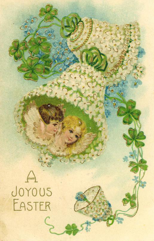 Victorian Easter Greeting Card with Angels and Shamrocks