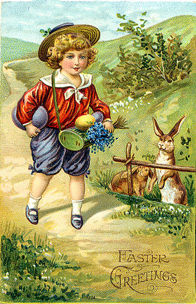 Victorian Easter Greetings Card Boy Rabbit Flowers Chromolithograph