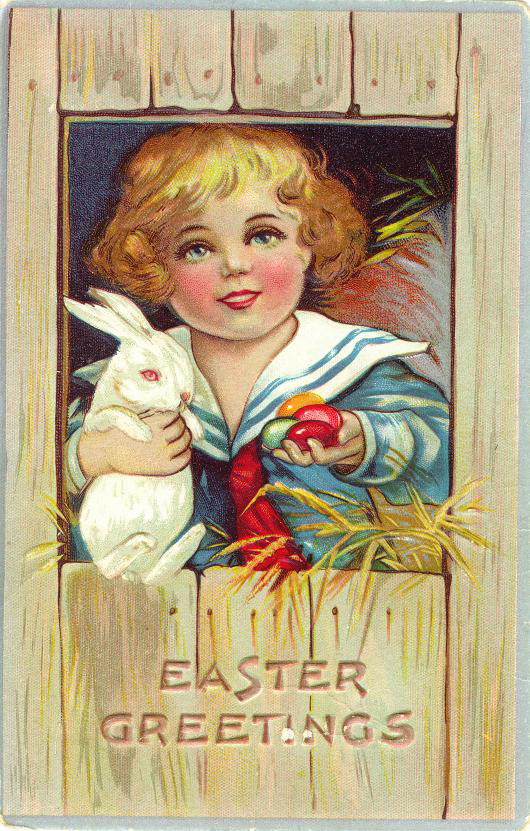Vintage Easter Greetings Card: Child with Rabbit & Eggs, Edwardian