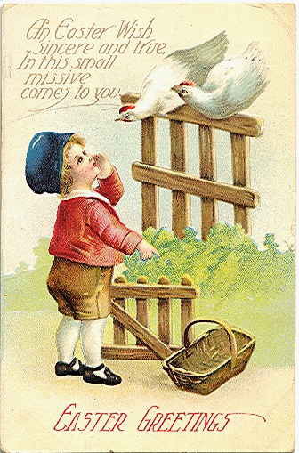 Vintage Easter Greeting Card: Child & Dove on Fence, Early 1900s