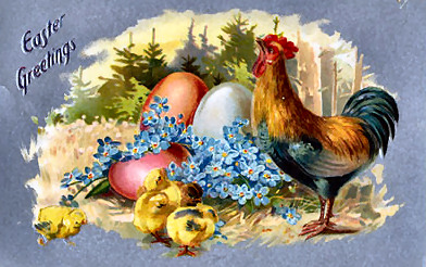 Victorian Easter Greeting Card with Rooster, Eggs & Flowers