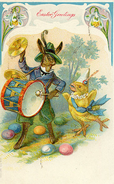 Victorian Easter Greetings Card with Anthropomorphic Rabbit Drummer
