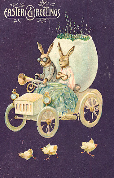 Vintage Easter Greetings Card: Rabbits in Egg Car - Early 1900s