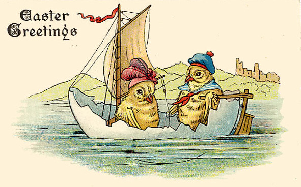 Vintage Easter Greeting Card with Anthropomorphic Chicks Sailing