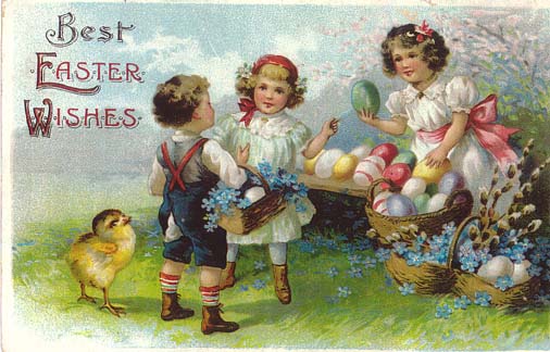 Victorian Easter Greeting Card Children Chick Flowers