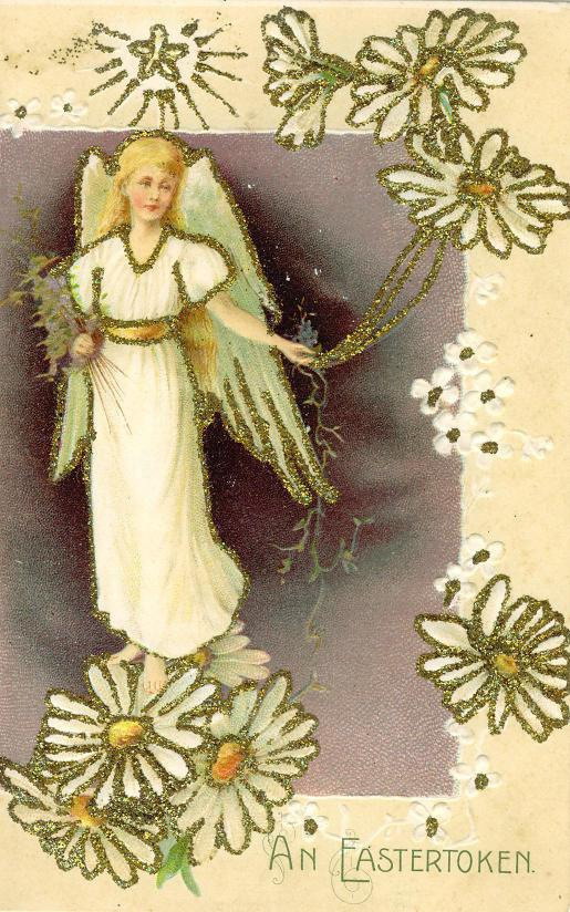 Victorian Easter Angel with Glittered Daisies Greeting Card