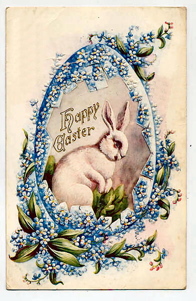 Victorian Easter Greeting Card with White Rabbit & Forget-Me-Nots