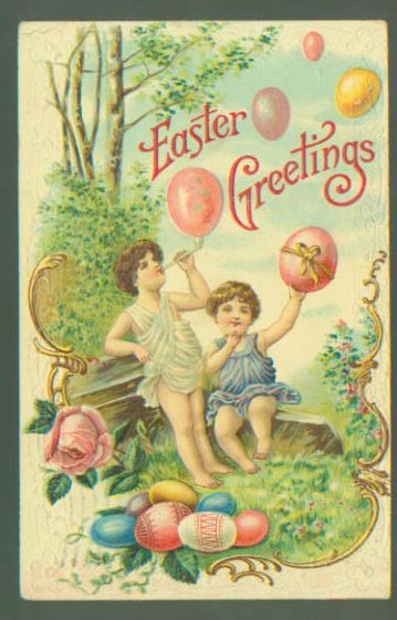 Victorian Easter Greetings Card with Children & Decorated Eggs