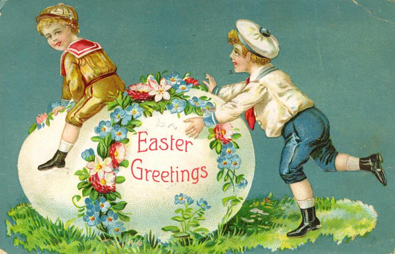 Victorian Easter Greetings Card with Children & Giant Egg