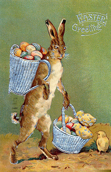 Vintage Easter Greeting Card: Anthropomorphic Rabbit with Egg Baskets