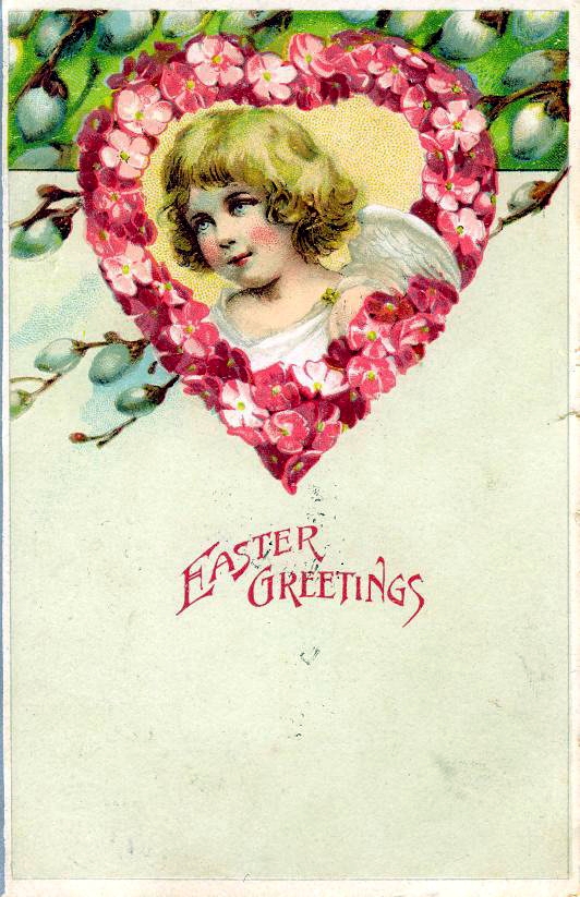 Victorian Easter Greetings Angel Cherub Pink Flower Heart Card