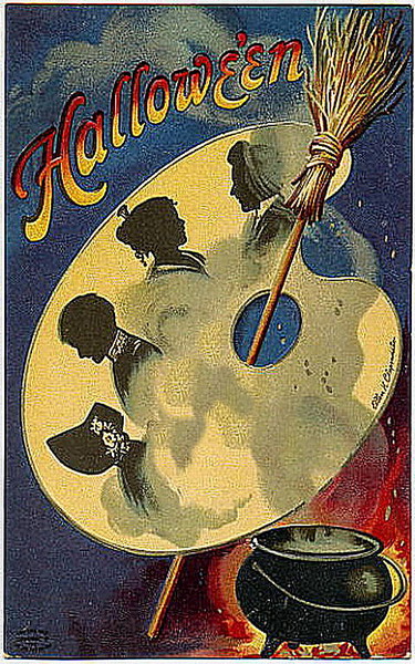 Vintage Halloween Greeting Card Witch Palette Broomstick 1900s