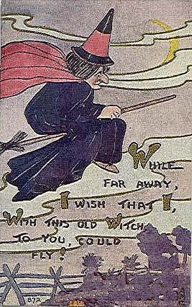 Vintage Witch Flying Broomstick Halloween Greeting Card