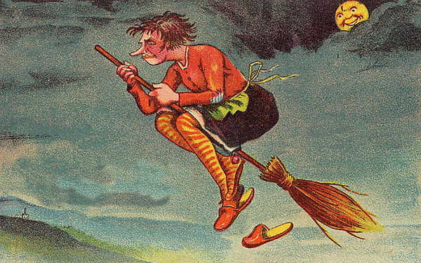 Vintage Witch on Broomstick Halloween Greeting Card