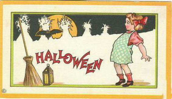 Vintage Halloween Greeting Card with Child, Broomstick, and Lantern