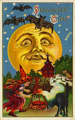 Vintage Halloween Greeting Card with Man-in-the-Moon & Witch