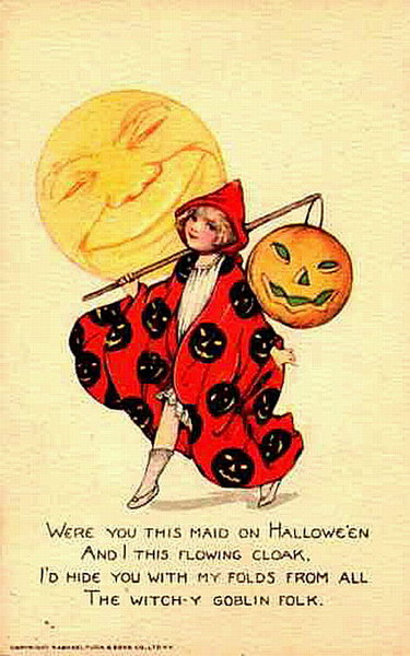 Vintage Halloween Greeting Card with Maid in Jack-o-Lantern Cloak