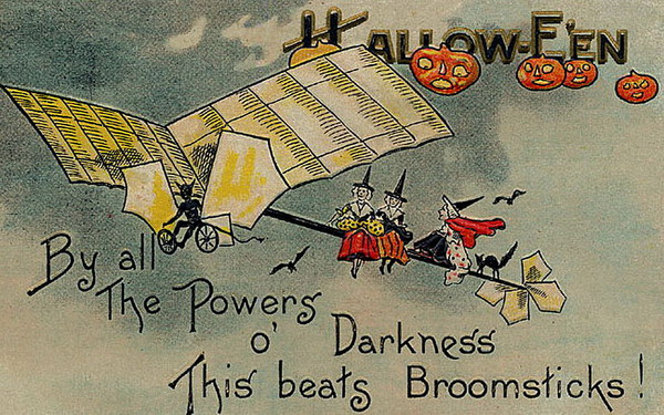 Vintage Halloween Greeting Card with Witches and Flying Machine